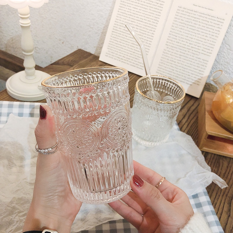 Cốc, ly thủy tinh decor trong suốt viền mạ vàng hình hoa hướng dương - ichi.life