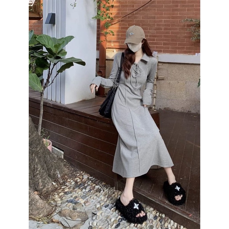 Đầm Xám Tay Dài Ôm Eo Phong Cách Thời Trang Thu Đông Cổ Điển Size s-xl