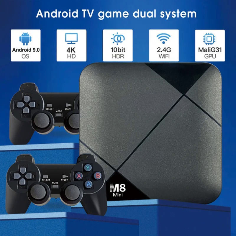 Máy Chơi game mini m8 Kết Nối wifi hd 4k Cho android tv 10 s905 64gb 10000 game 4g
