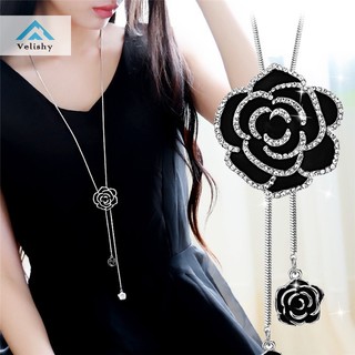  Vòng cổ Dài Mặt Hoa Hồng Đen Đính Đá Pha Lê Thời Trang Cho Nữ 