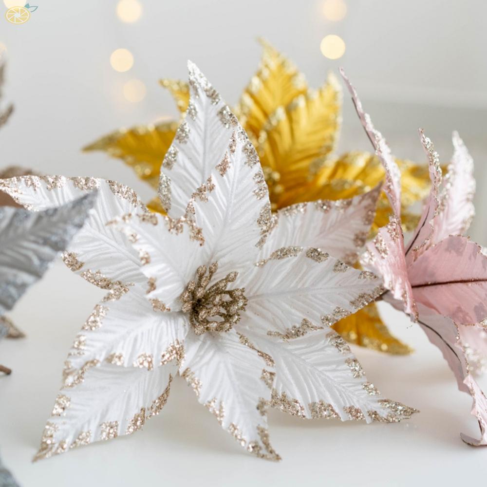 Christmas Flower Decor Glitter Plastic Poinsettia Christmas Tree Decoration