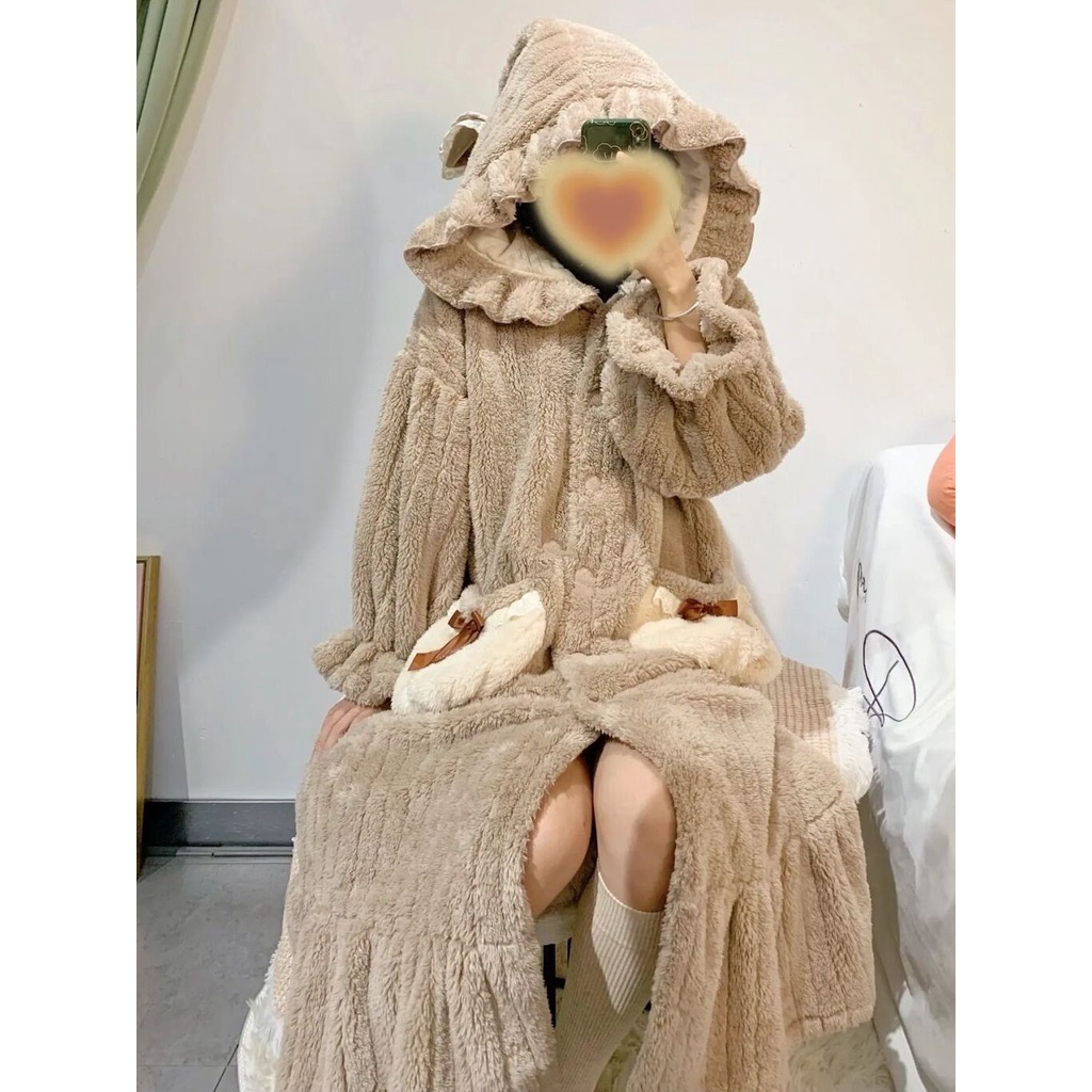 Đầm Ngủ Lông Cừu San Hô Dày Dặn Dáng Dài Thời Trang Thu Đông Cho Nữ