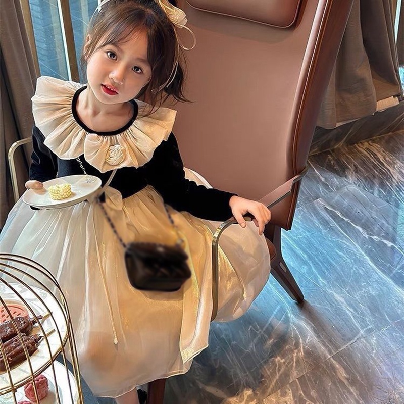 Đầm Đen Tay Dài Phối Lưới Thời Trang Mùa Thu Cho Bé Gái Từ 2-9 Tuổi