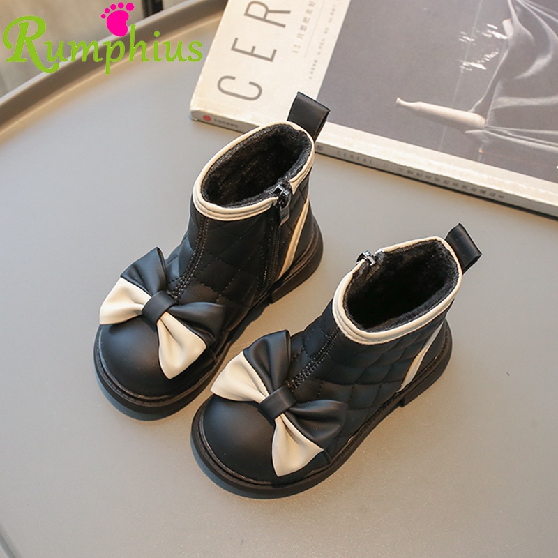 Rumphius Giày Bốt martin Bằng Da Đế Mềm Chống Trượt Đính Nơ Có Khóa Kéo Cho Bé Gái Cỡ 21-30