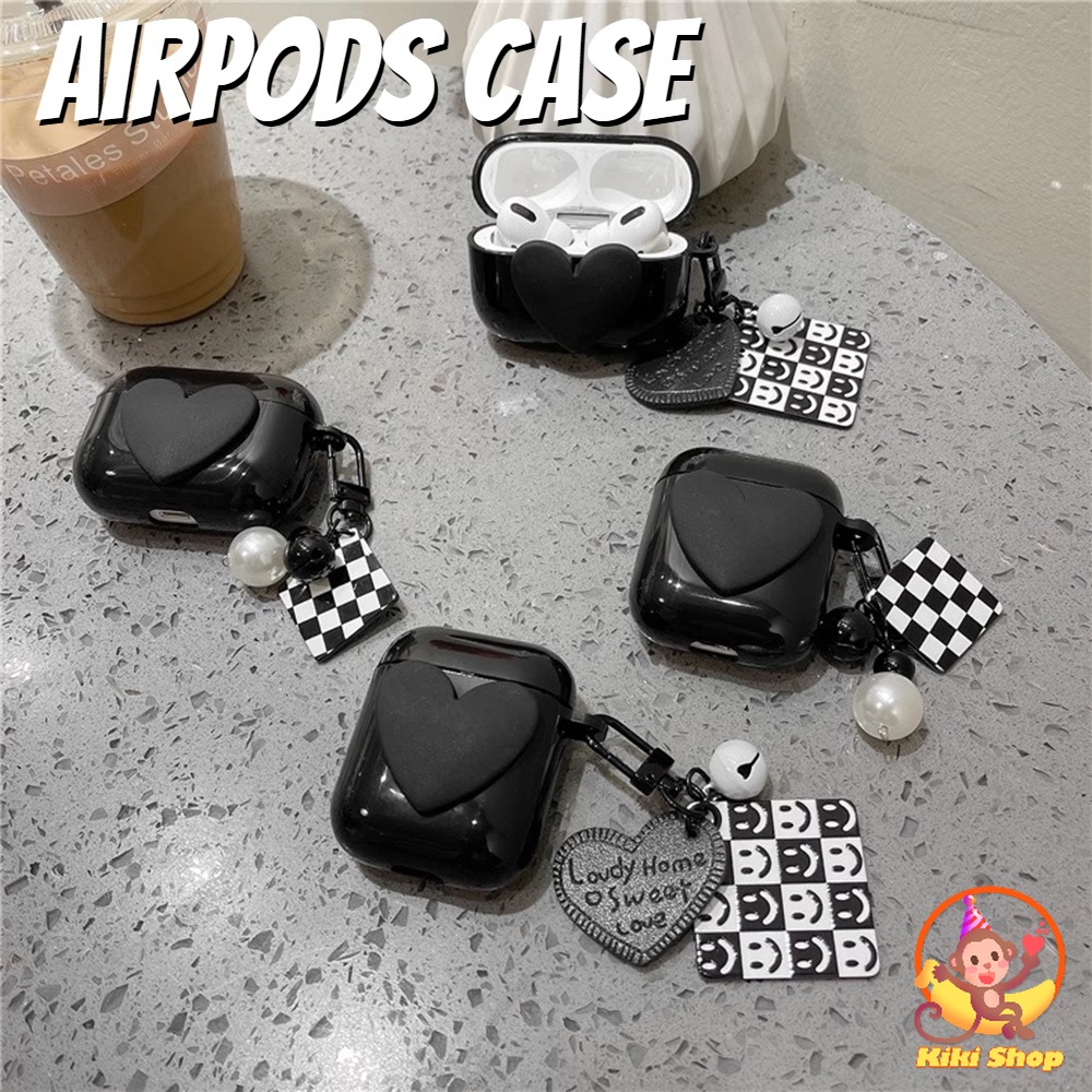 Vỏ Bảo Vệ Hộp Sạc Tai Nghe airpods 1 2 3 pro 2 bluetooth Không Dây Chất Liệu Mềm Chống Bụi Bẩn Họa Tiết Kẻ Sọc Trái Tim Màu Đen Dễ