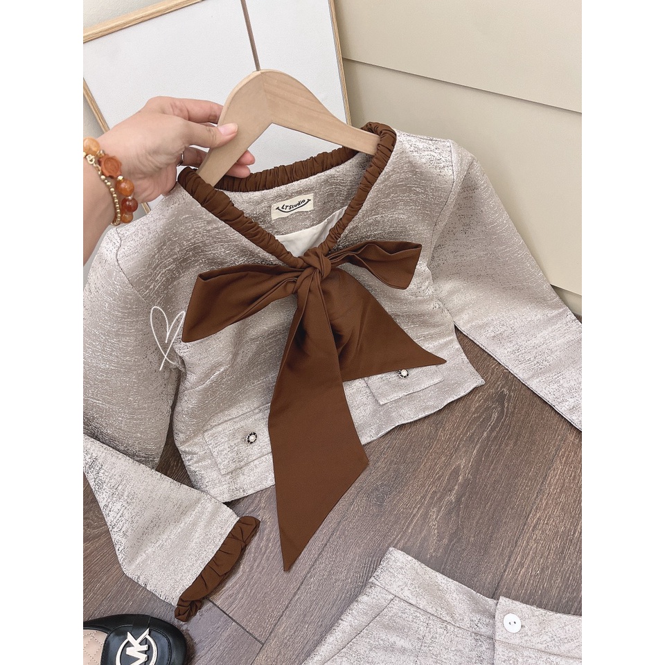 Set gấm phối nâu áo cột nơ +chân váy