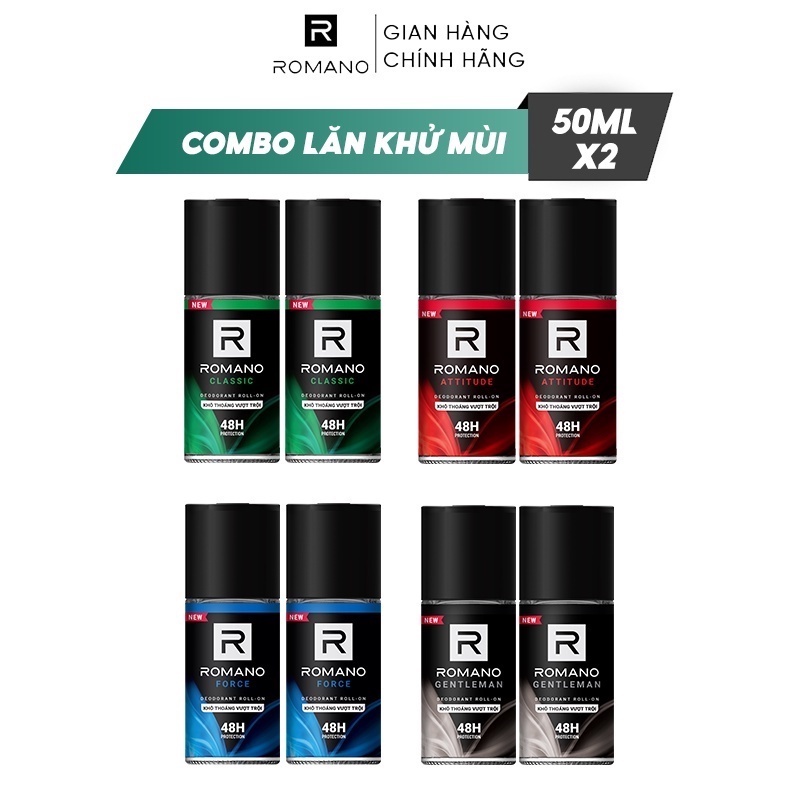 Combo 2 Lăn khử mùi nam Romano kháng khuẩn & khô thoáng cả ngày 50ml/chai