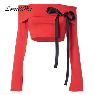 SweeticMe Nữ Thời Trang Mới Màu Sắc Tương Phản Nơ Gợi Cảm Vai Dài Tay Áo Thun Giáng Sinh