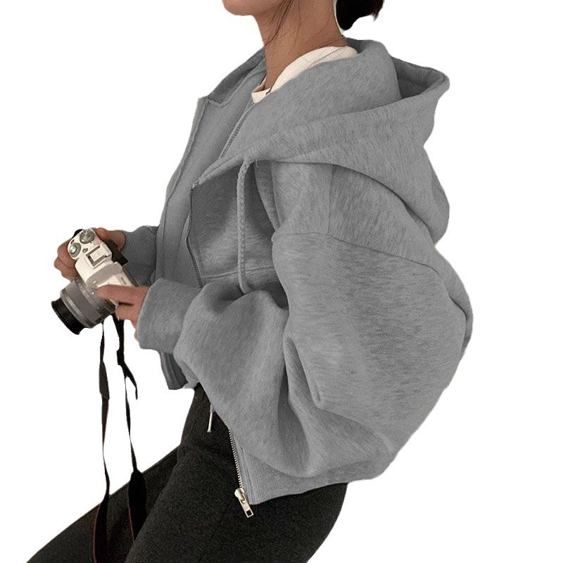 Áo Khoác Mùa Đông 2023 Dáng Suông Có Khóa Kéo Có Mũ Trùm Đầu Màu Trơn Thời Trang Hàn Quốc Cho Nữ