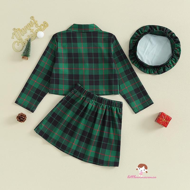 Xzq-bộ 3 Món Áo Khoác Tay Dài Cổ Bẻ Kẻ Sọc Caro + Chân Váy mini + Mũ Nồi Thời Trang Giáng Sinh Cho Bé Gái