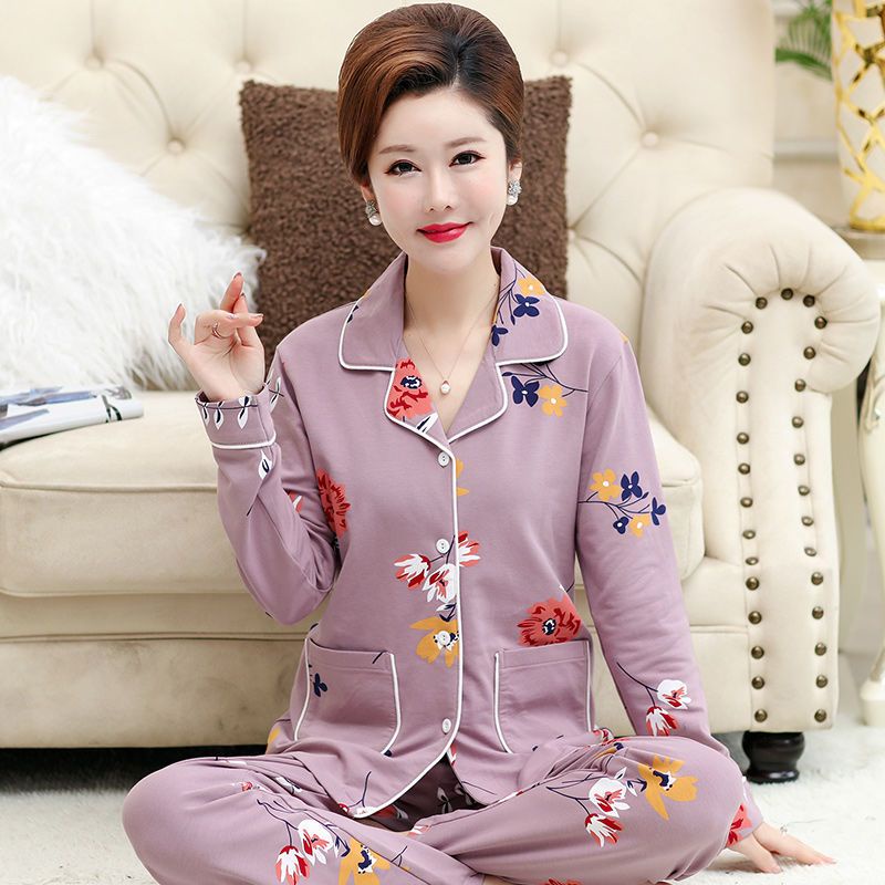 Bộ Đồ Ngủ Tay Dài Chất Liệu cotton Cao Cấp plus size Cho Nữ Trung Niên