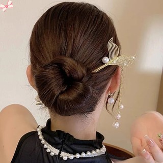 Sang trọng trâm cài tóc đuôi cá đính ngọc trai phối tua rua phong cách cổ điển