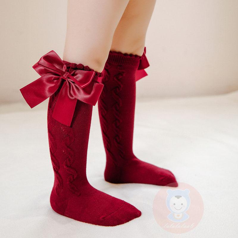 Laa6-trẻ Em Gái Vớ Dài Đến Đầu Gối Màu Trơn Thắt Nơ Dễ Thương