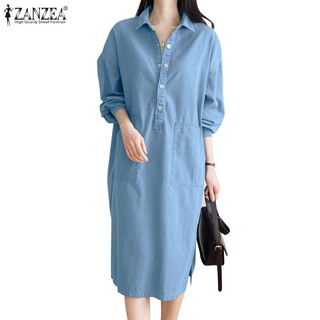 Zanzea Đầm denim Dài Tay Cổ Vuông Phong Cách Hàn Quốc Trẻ Trung Dành Cho Nữ