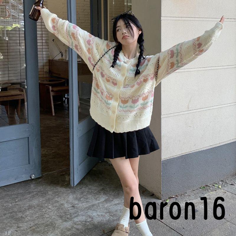 Áo cardigan Dệt Kim Tay Dài Cổ Tròn In Họa Tiết Hoa / Trái Tim Xinh Xắn Thời Trang Mùa Thu Cho Nữ