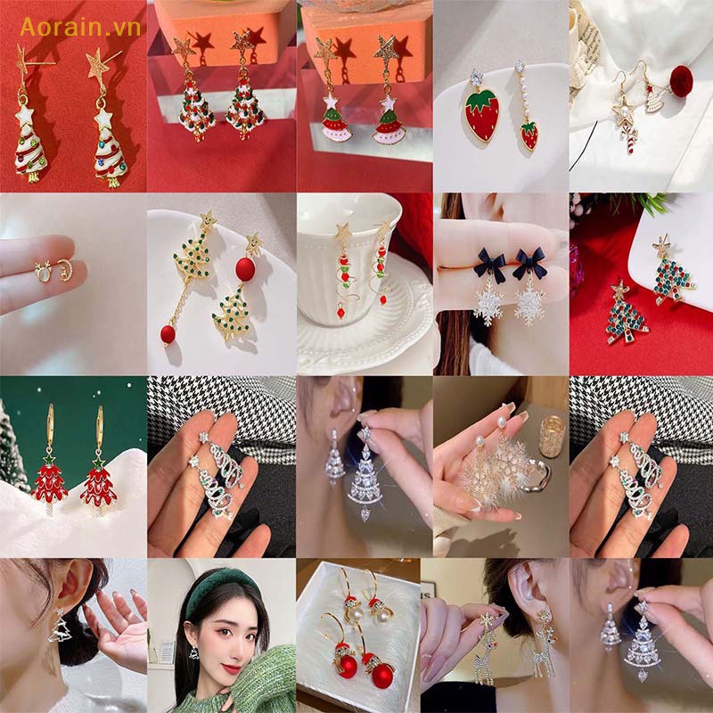 Khuyên Tai Dáng Thả Đính Đá zircon Pha Lê Hình Cây Thông Giáng Sinh Khí Chất Trang Sức Dự Tiệc
