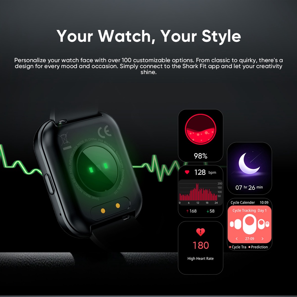 Đồng Hồ Thông Minh Hình Cá Mập Đen 2.02 '' ip68 Chống Nước Giám Sát Sức Khỏe 7 Ngày Cho Nam Và Nữ