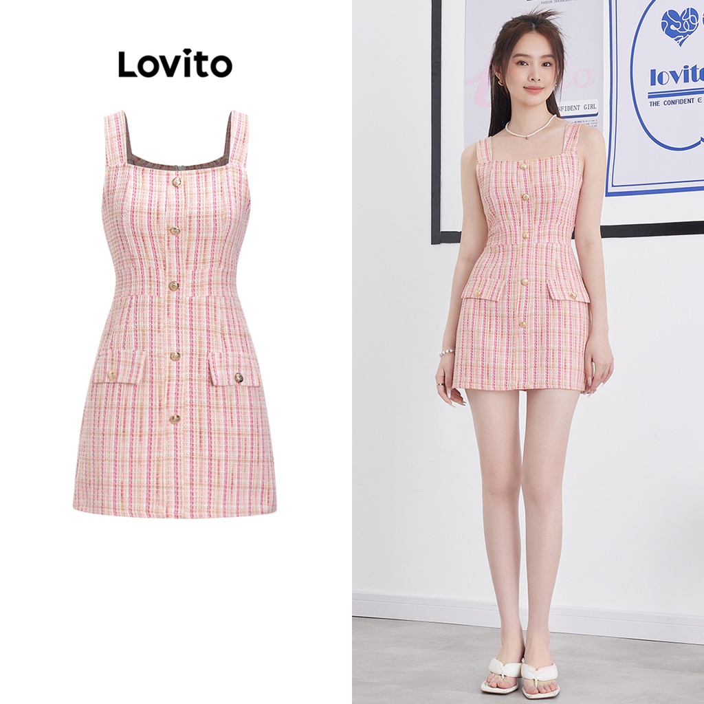 Đầm dạ Lovito họa tiết kẻ sọc phối túi có dây kéo phong cách thường ngày cho váy nữ sang chảnh L58AD103 (Hồng)