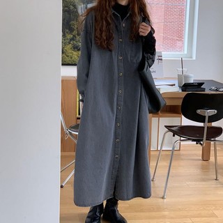 Bán Chạy! Giảm Giá Hấp Dẫn!Đầm denim Dài Dáng Rộng Xẻ Tà Một Hàng Nút Thời Trang Xuân Thu Hàn Quốc Cổ Điển