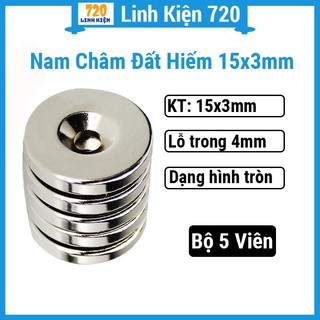 Bộ 5 viên nam châm tròn 15x3mm lỗ 4mm từ tính cực mạnh, độ bền cao