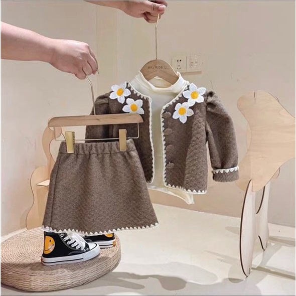 Sét váy gồm áo giữ nhiệt, áo khoác và chân váy A cho bé gái 8-20kg, váy áo khoác rời cho bé gái