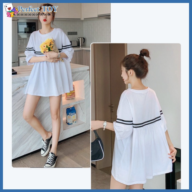 Sf Đầm Thun Ngắn Tay Dáng Rộng Họa Tiết Kẻ Sọc Màu Tương Phản Thời Trang Cho Mẹ Bầu