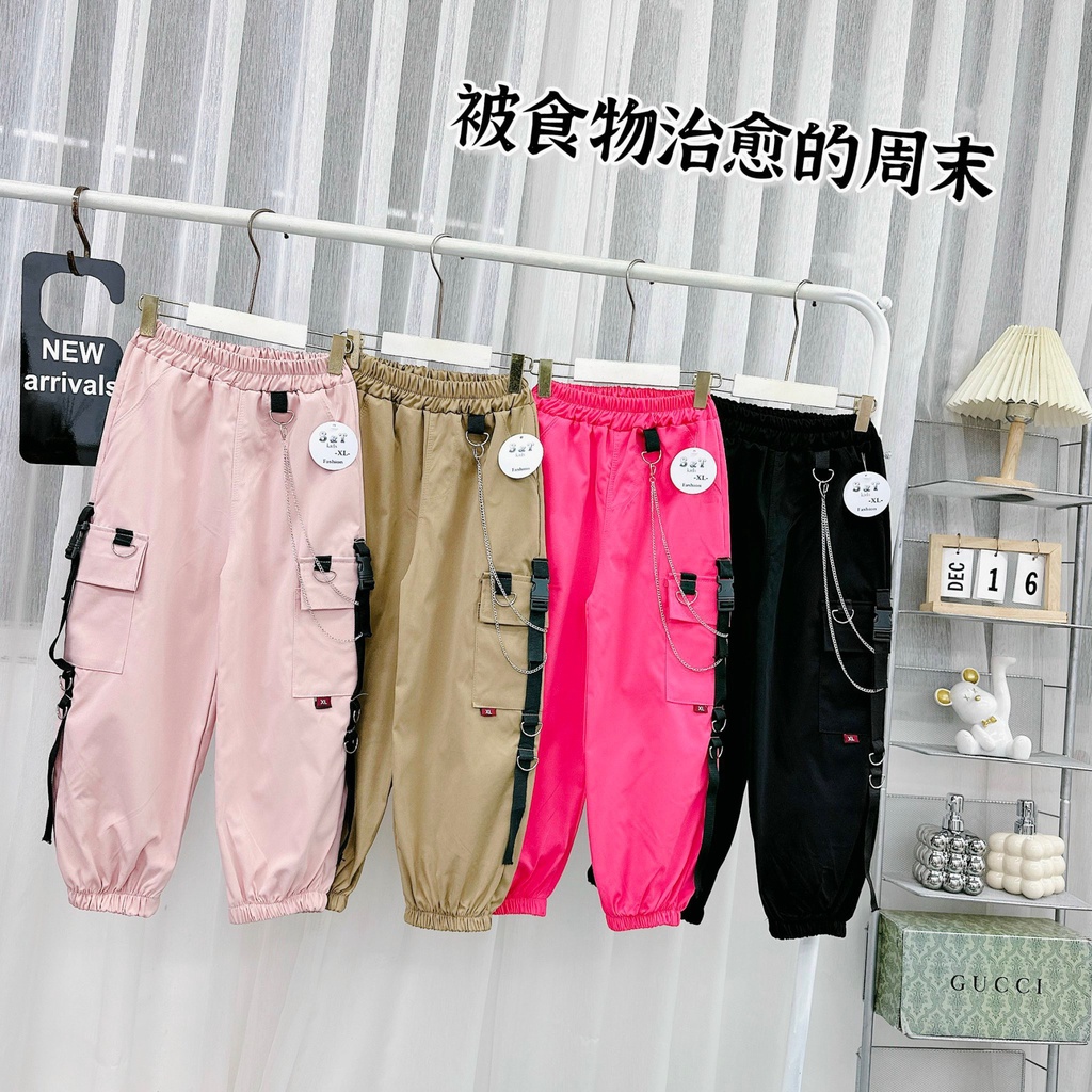 SIZE ĐẠI 16-40KG: Quần dài túi hộp dây xích dáng hiphop cho bé gái - QDTHD