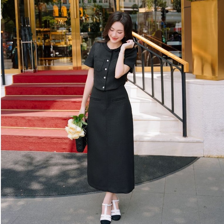 NHẬN NGAY VOUCHER 200K HÔM NAY || JOVEN Set Jessy Áo Croptop Phối Chân Váy Suông Dài Thanh Lịch Sang Trọng