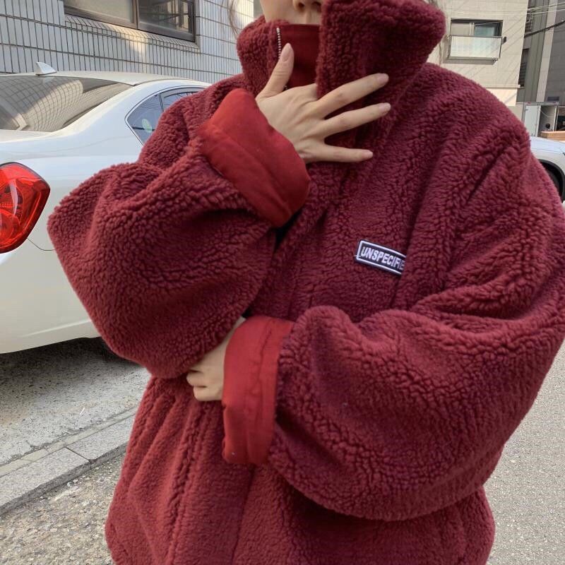 Áo Khoác cotton Giả Lông Cừu Dày Hai Mặt Dáng Rộng Phong Cách Hàn Quốc Thời Trang Mùa Đông 2024 Cho Nữ