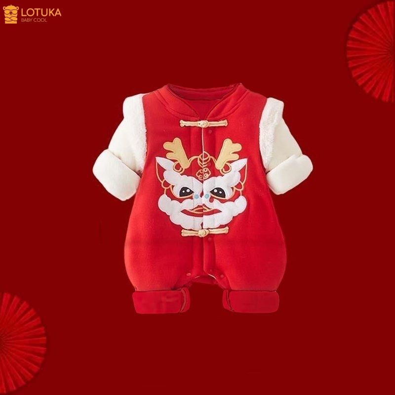 Body Tết In Rồng Nỉ Bông Phối Lông Cừu Ấm Áp Cho Bé, Bodysuit LOTUKA Cho Bé Trai Bé Gái, Quần Áo Tết Trẻ Em 3-12kg