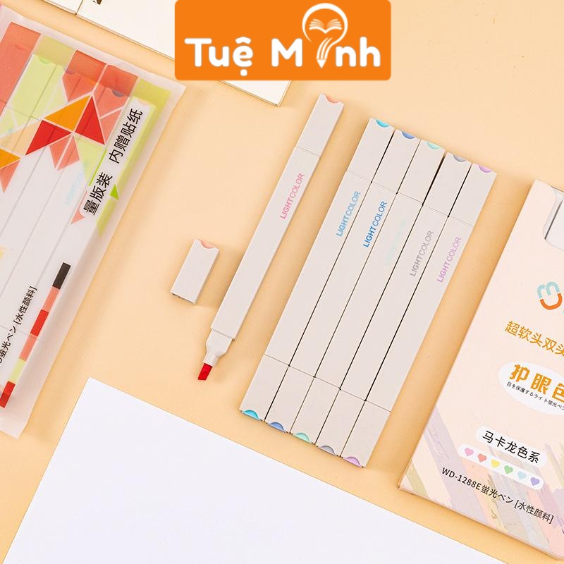 Set 6 bút highlight tông màu pastel 2 đầu Light Color HI06 thân vuông, bút đánh dấu dạ quang tặng kèm sticker