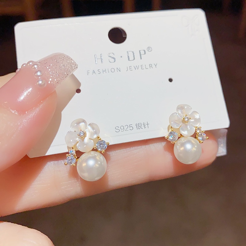 Bông Tai Mạ Bạc 925 Hình Hoa Đính Ngọc Trai Nhân Tạo Thời Trang Cao Cấp