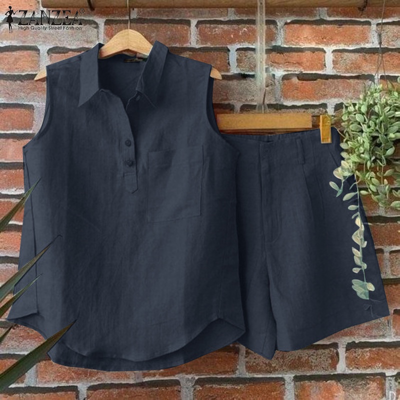 Zanzea Set Áo Sát Nách Khóa Kéo Trước Sau Và Quần Short Lưng Thun Màu Trơn Phong Cách Hàn Quốc Cho Nữ | BigBuy360 - bigbuy360.vn