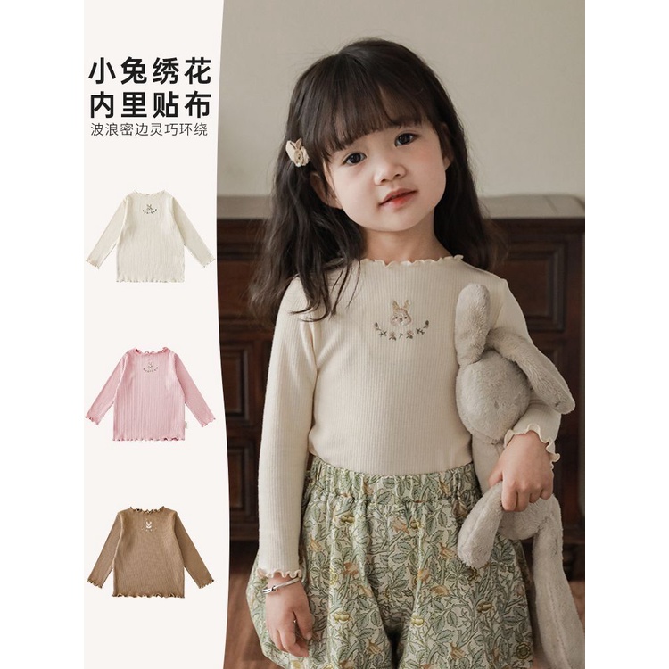 Áo Thun Tay Dài Thêu Hình Thỏ Dễ Thương Thời Trang Xuân Thu Cho Bé Gái