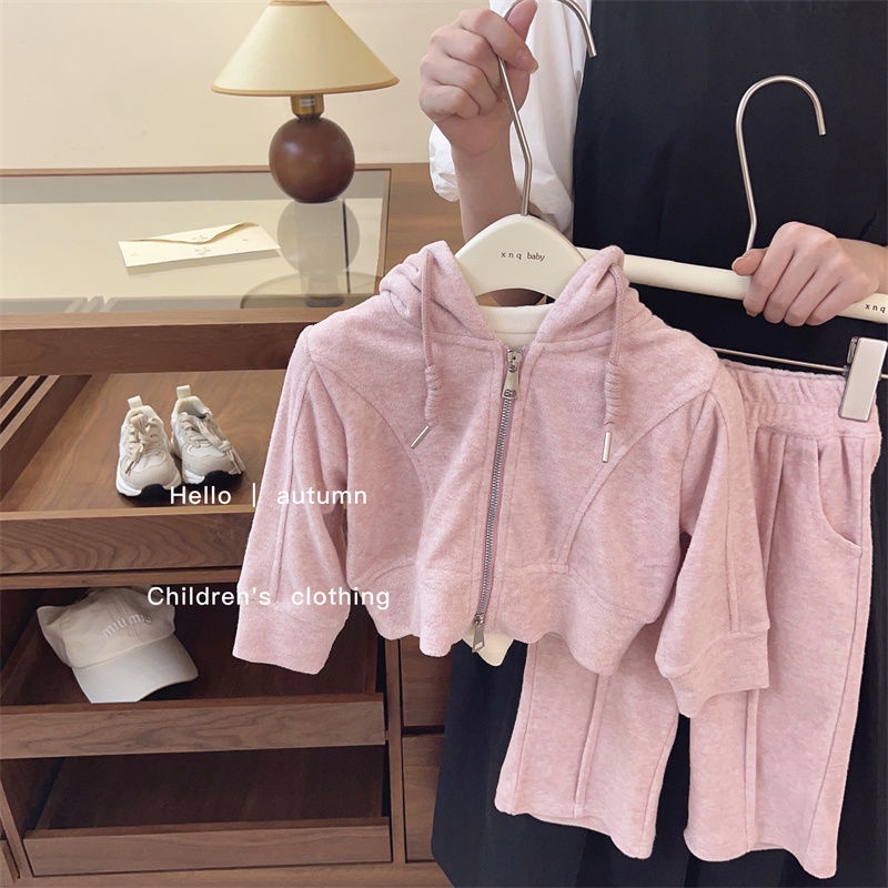 Set Đồ Thể Thao Áo Hoodie Có Khóa Kéo + Quần Dài Thời Trang Mùa Thu 2023 Phong Cách Hàn Quốc Cho Bé Gái