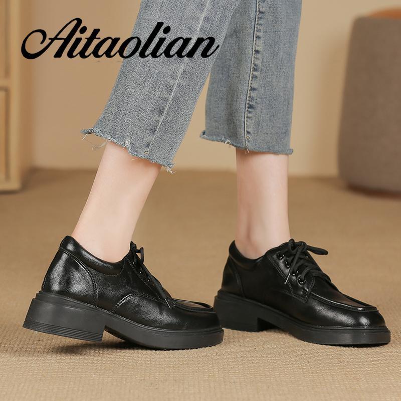 Giày Da Lười Đế Mềm 3.5cm Cột Dây Mũi Tròn Phong Cách Anh Quốc Đơn Giản Tăng Chiều Cao Cho Nữ