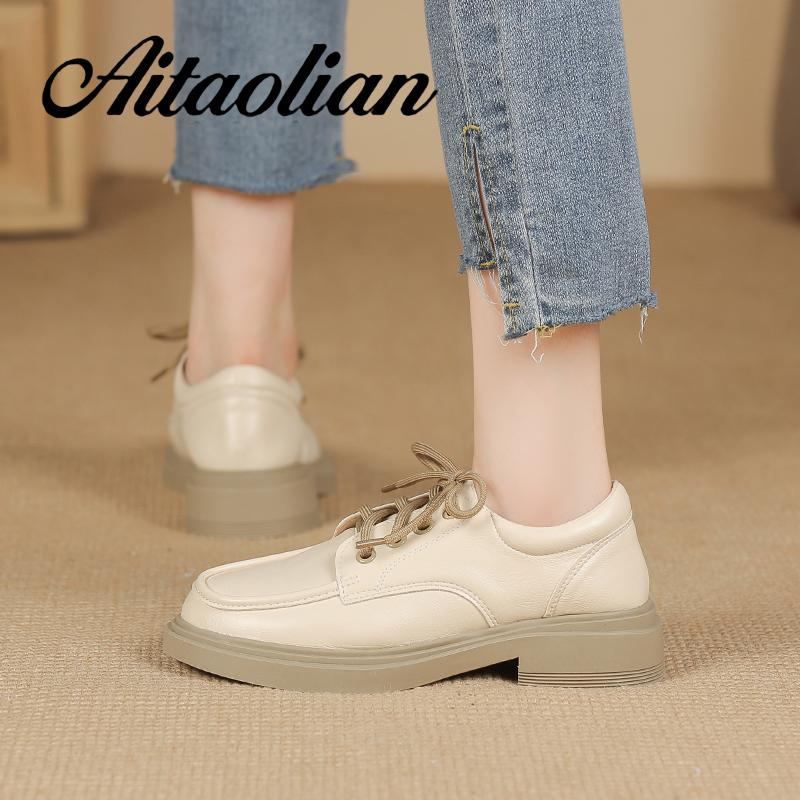 Giày Da Lười Đế Mềm 3.5cm Cột Dây Mũi Tròn Phong Cách Anh Quốc Đơn Giản Tăng Chiều Cao Cho Nữ