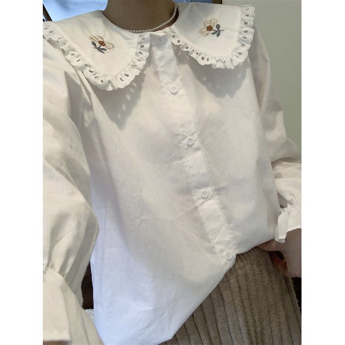 Áo Sơ Mi Tay Dài Dáng Rộng Cổ Búp Bê Thêu Họa Tiết Phong Cách retro Thời Trang Mùa Thu Cho Nữ