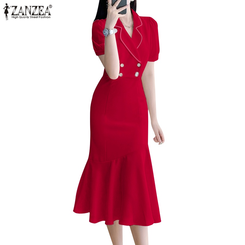 Zanzea Đầm midi Tay Phồng Ngắn Dáng Ôm Thời Trang Sang Trọng Cho Nữ