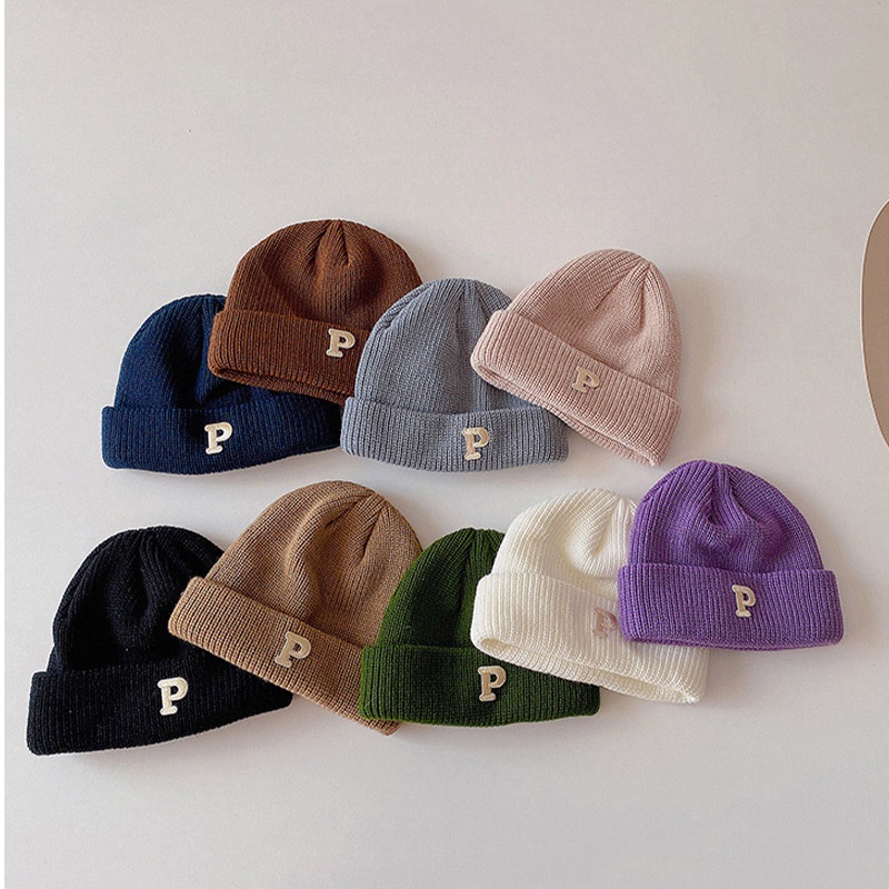 Iq Mũ beanie Dệt Kim Màu Trơn In Chữ Phong Cách Hàn Quốc Đa Năng Thời Trang Mùa Đông Dành Cho Trẻ Em