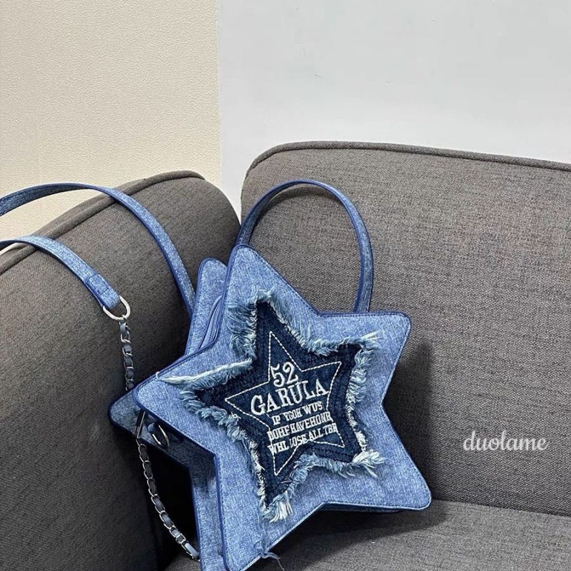 Balo Đeo Vai Y2K Vải Denim Thêu Chữ Và Ngôi Sao Năm Cánh Màu Xanh Dương Phối Tua Rua Thời Trang Cho Nữ