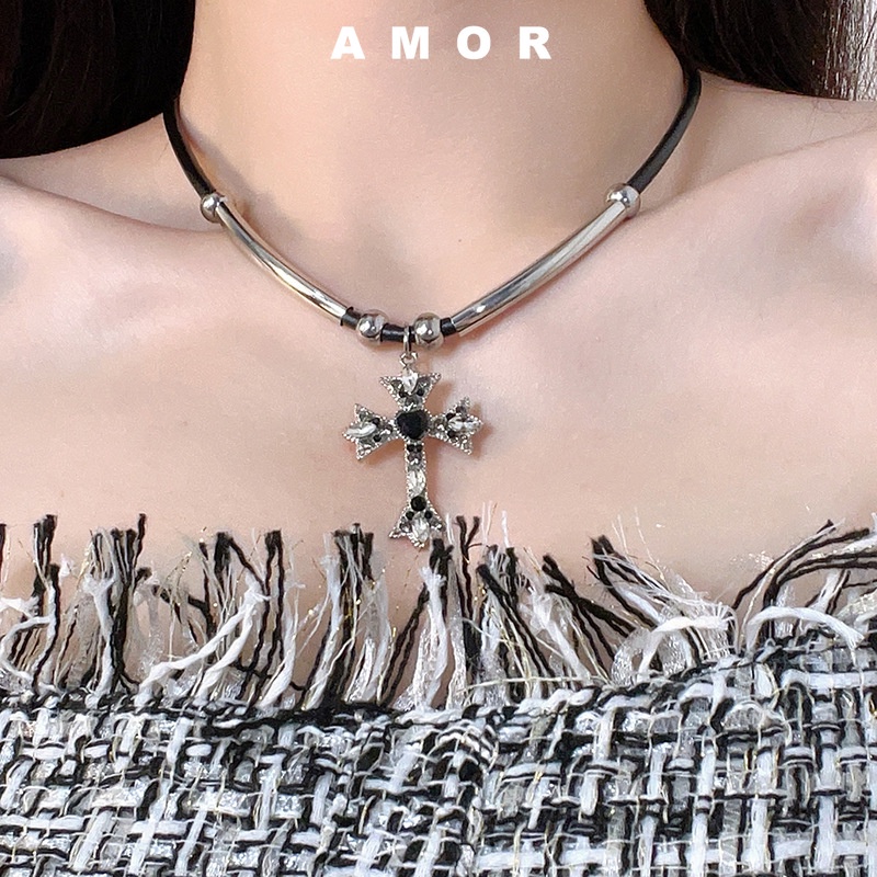 Vòng Cổ choker Dây Da Mặt Thánh Giá Đính Kim Cương Đen Phong Cách hip hop unisex