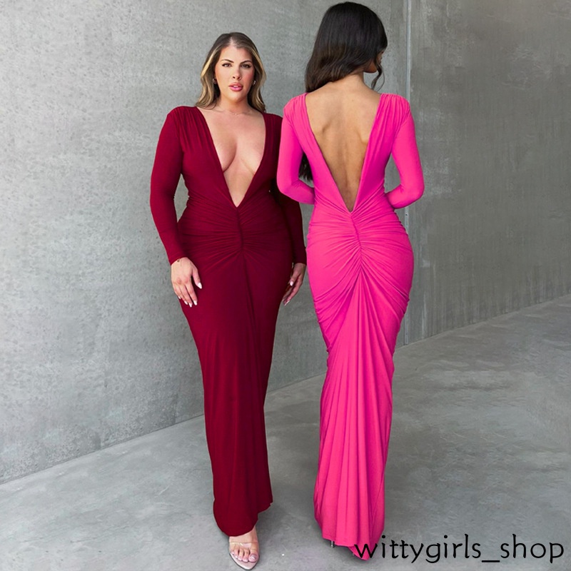 Cửa Hàng Wittygirls_Bộ Hàng | Đầm Dài Tay Cổ Chữ v Màu Trơn Thiết Kế Mỏng Quyến Rũ Thời Trang Mùa Thu Dành Cho Nữ