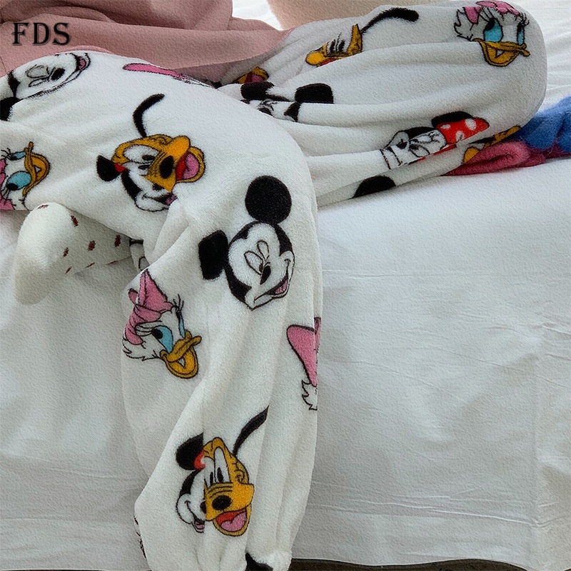 Fds Bộ Đồ Ngủ Chất Nỉ Dáng Rộng In Họa Tiết Hoạt Hình mickey / Vịt Dễ Thương Thoải Mái Thời Trang Thu Đông Cho Nữ