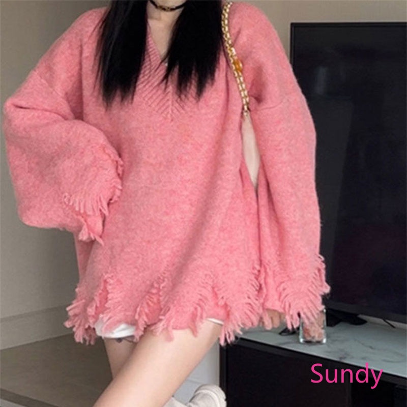 Áo sweater Cổ Chữ v Phối Bèo Xinh Xắn Thời Trang Mùa Thu Đông Theo Phong Cách Pháp Cho Nữ