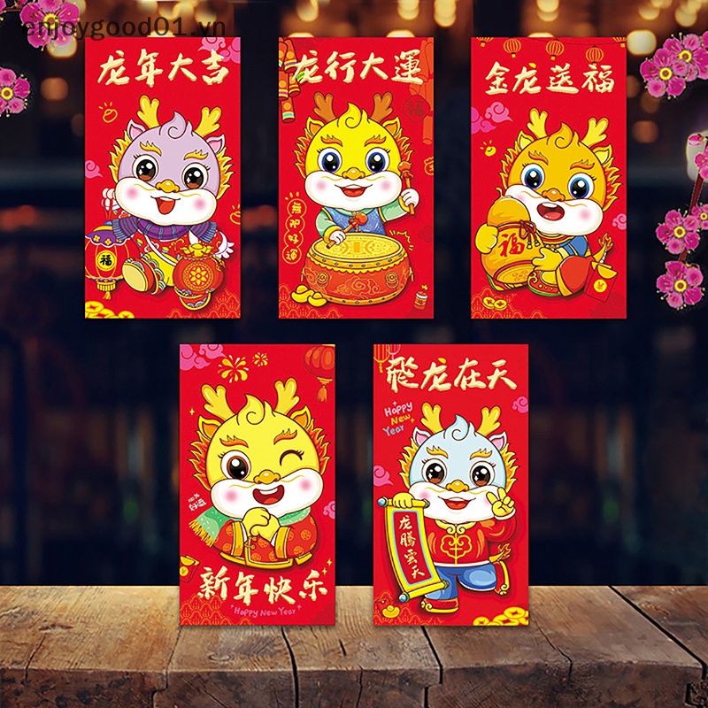 Set 5 Bao Lì Xì Đỏ Hình Rồng Hoạt Hình Trung Hoa 2024 cny Trang Trí Năm Mới 2024