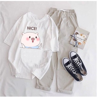 Sét áo phông Trắng in Nhiều hình 3D và Quần kaki, Áo thun from rộng, mặc cho Nam và nữ chất đẹp DVGIT