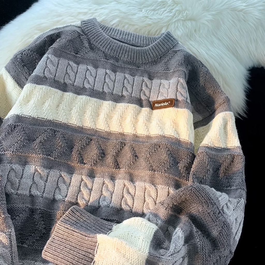 Áo sweater Dệt Kim Tay Dài Cổ Tròn Dáng Rộng Họa Tiết Kẻ Sọc Thời Trang Mùa Đông 2022 Cho Nam