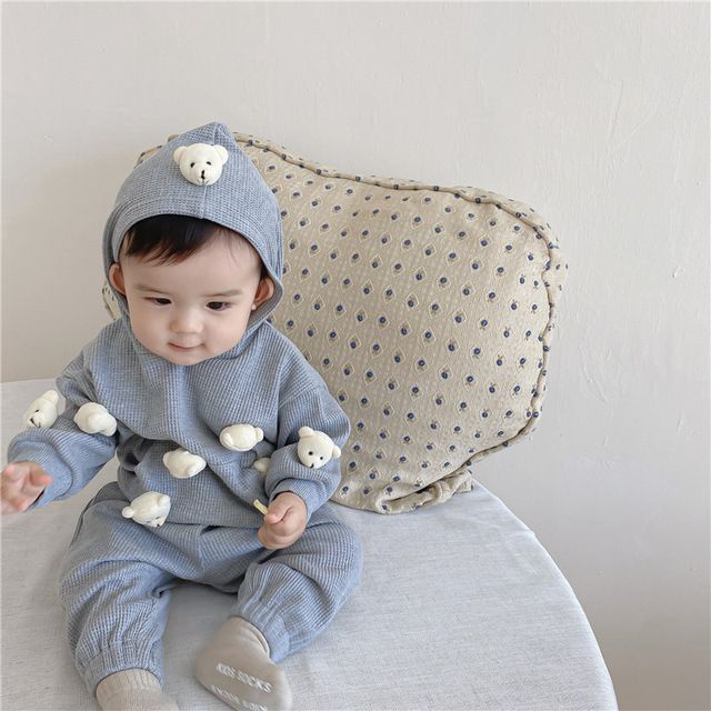 Bộ Đồ Hai Mảnh Áo Hoodie Tay Dài Màu Trơn In Hình Gấu Dễ Thương Phong Cách Hàn Quốc Thời Trang Mùa Thu Cho Bé Trai / Gái