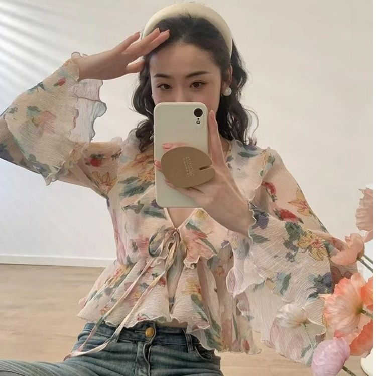 Áo Sơ Mi Ngắn Thắt Dây In Họa Tiết Sang Trọng Thoải Mái Thời Trang Mùa Hè Cho Nữ